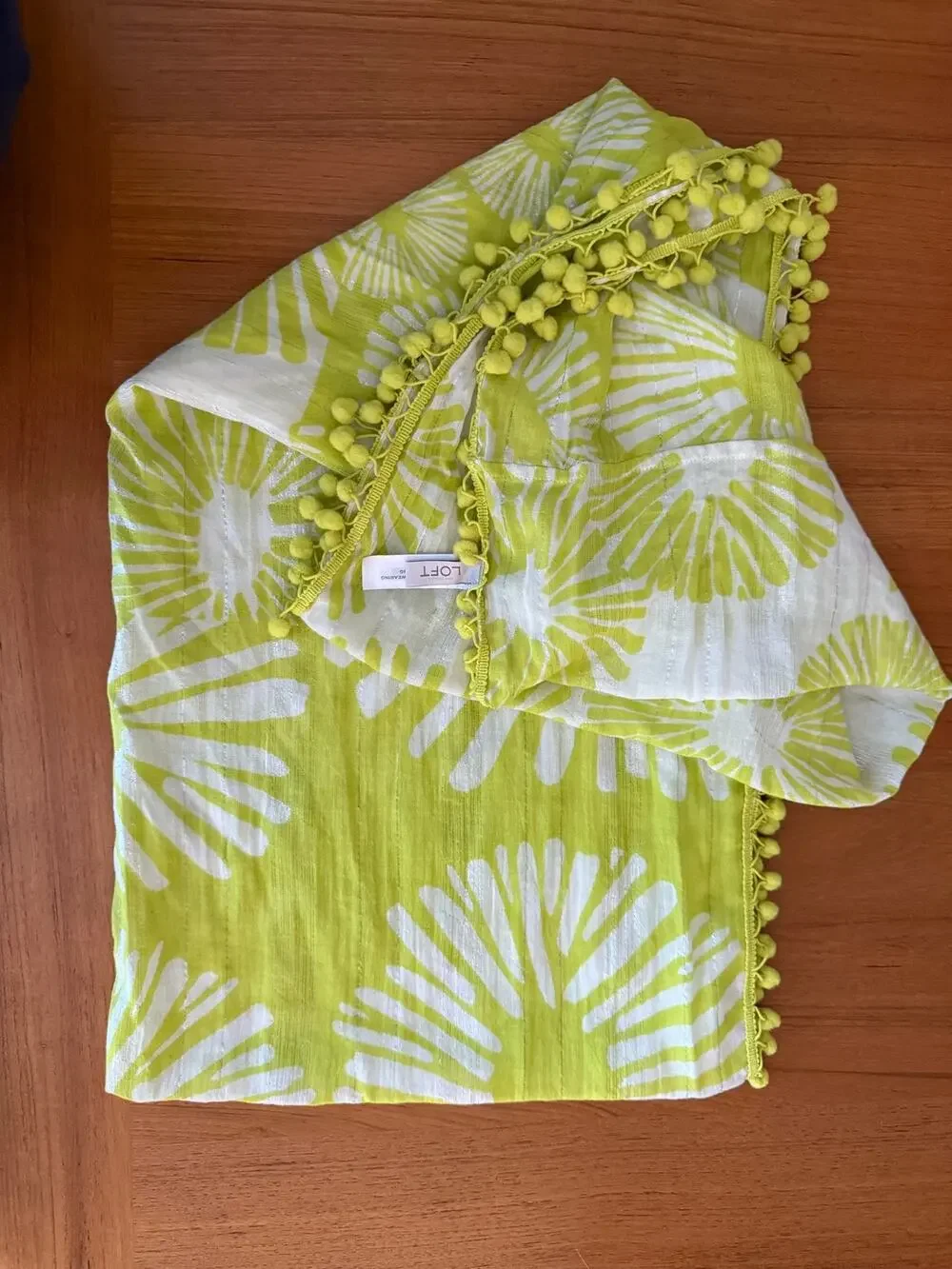 NEW LOFT Lime Green White Pom Pom Infinity Scarf Cotton Blend Metallic Shimmer